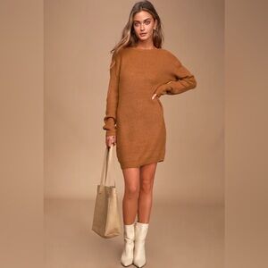 The Lulus Bringing Sexy Back Camel Backless Sweater Dress